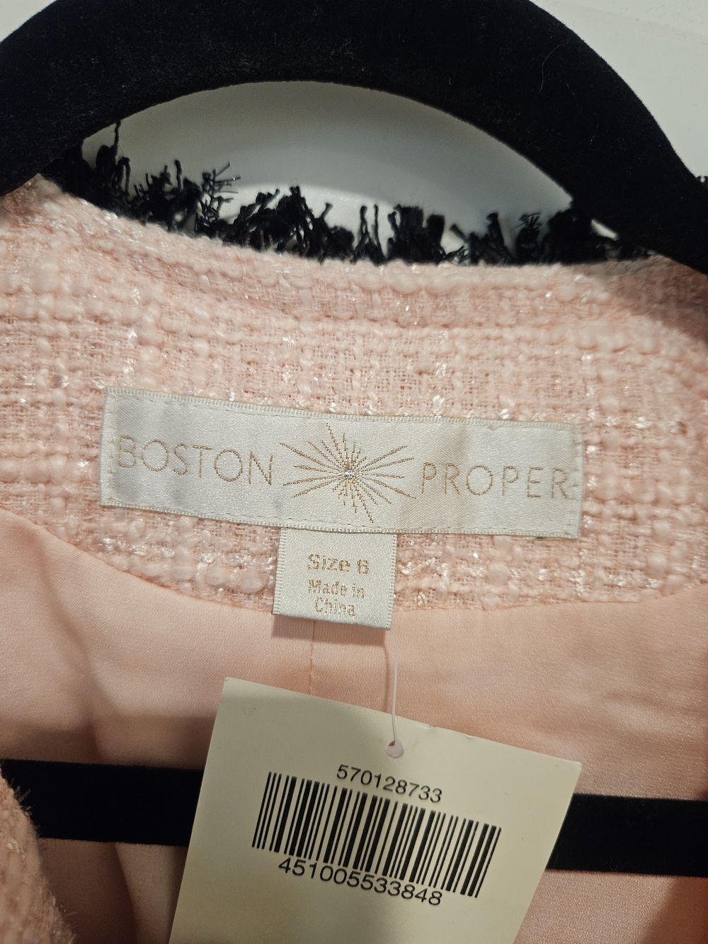 Boston Proper Pink Tweed Jacket with Black Fringe Trim #924 - Picture 6 of 8